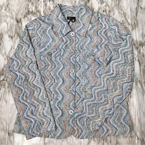 Analogy Women Size XL Button Down Light Jacket  Blue Wave Boho Coastal Grandma